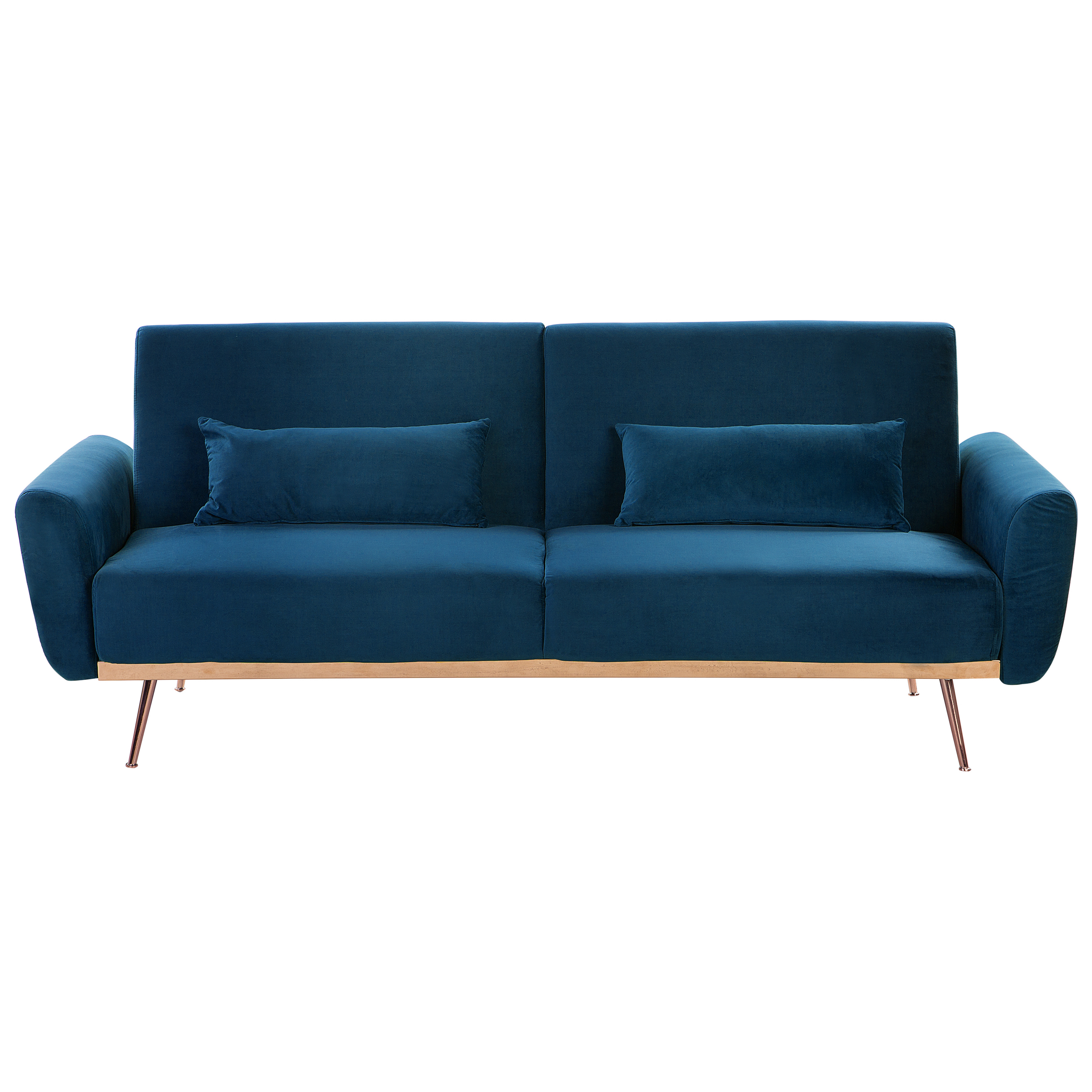 beliani 3-Sitzer Sofa Marineblau Samt mit Schlaffunktion 2 Dekokissen Hohe Schlanke Metallbeine Schmale Armlehnen Retro Design Wohnzimmer Schlafsofa - Kupfer