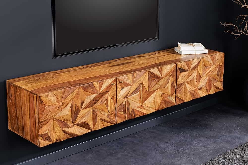 Invicta Interior Hangend tv-meubel ALPINE 160cm naturel sheesham massief hout steenafwerking metaal mat goud - 43708