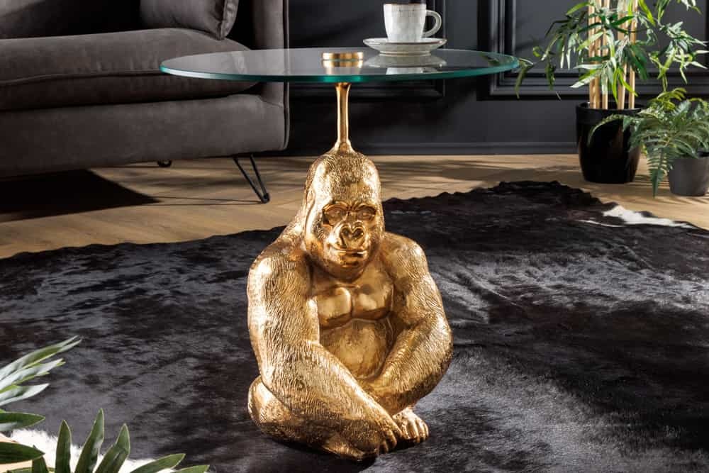 Invicta Interior Ronde bijzettafel KONG 50cm goudkleurig metalen glazen aapfiguur gorilla sculptuur - 43203