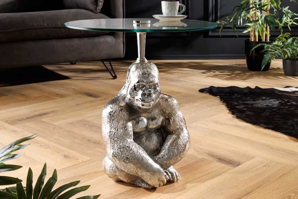 Invicta Interior Ronde bijzettafel KONG 50cm zilverkleurig metalen glazen aapfiguur gorilla sculptuur - 43204