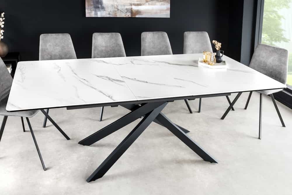 Invicta Interior Uitschuifbare eettafel ALPINE 160-200cm wit keramiek marmer zwart metalen frame - 43844