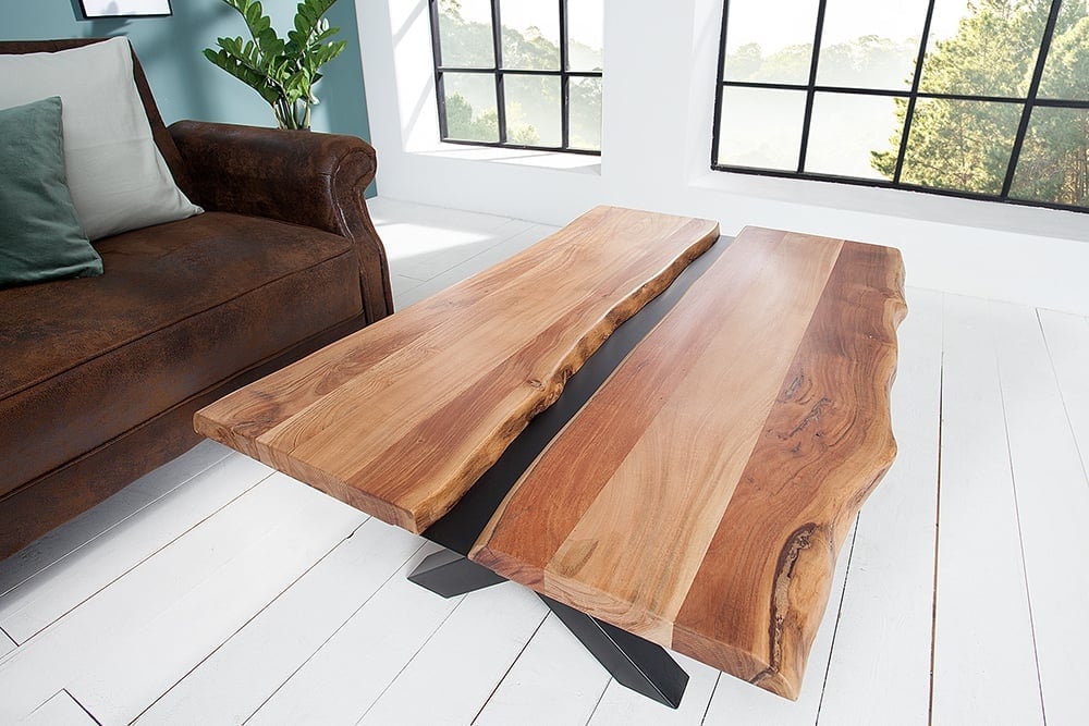 Invicta Interior Massief houten salontafel AMAZONAS 105cm acacia zwart metalen X-frame boomrand levende rand - 43712