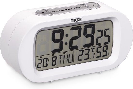 Nikkei NR05WE Digitale Wekker - Reiswekker op Batterijen - Snooze, Sluimerfunctie - Verlichting - Kalender, Thermometer, Hygrometer - Groot Lettertype - Wit