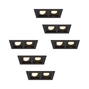 HOFTRONIC™ Set van 6 Fresno Dubbele Inbouwspots - Rechthoek - 2x GU10 - 2700K Warm wit - 10 Watt 800 lumen - Kantelbaar - IP20 stofdicht- Zwart - Met kabelconnectoren