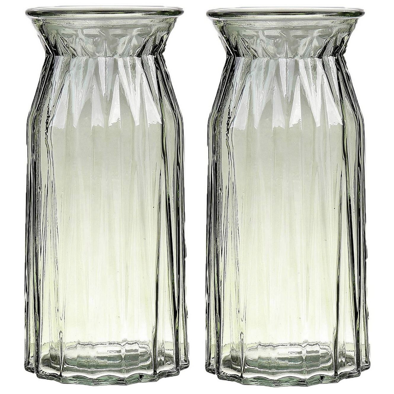 Bellatio Design Bloemenvaas - set van 2x - lichtgroen - transparant glas - D12 x H24 cm -