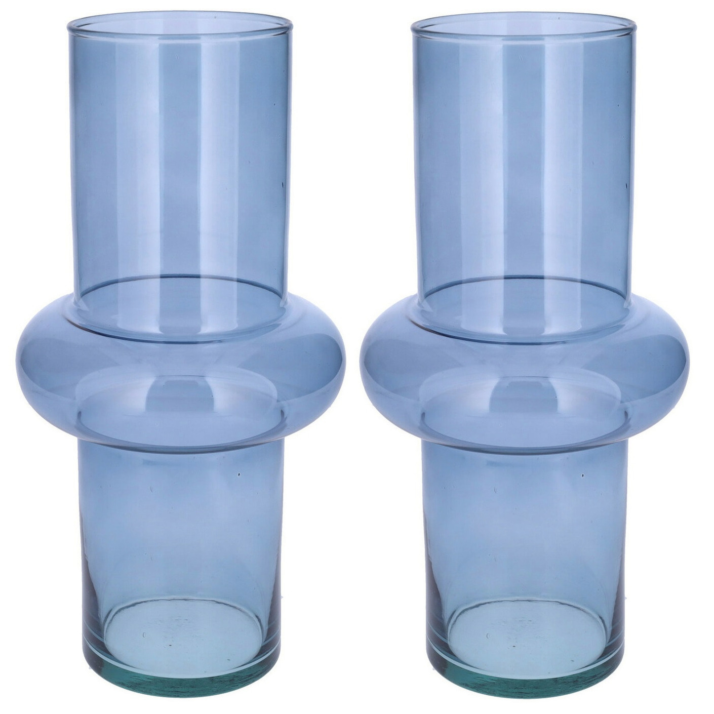Bellatio Design Bloemenvaas - 2x - blauw - transparant gerecycled glas - D15 x H31 cm -