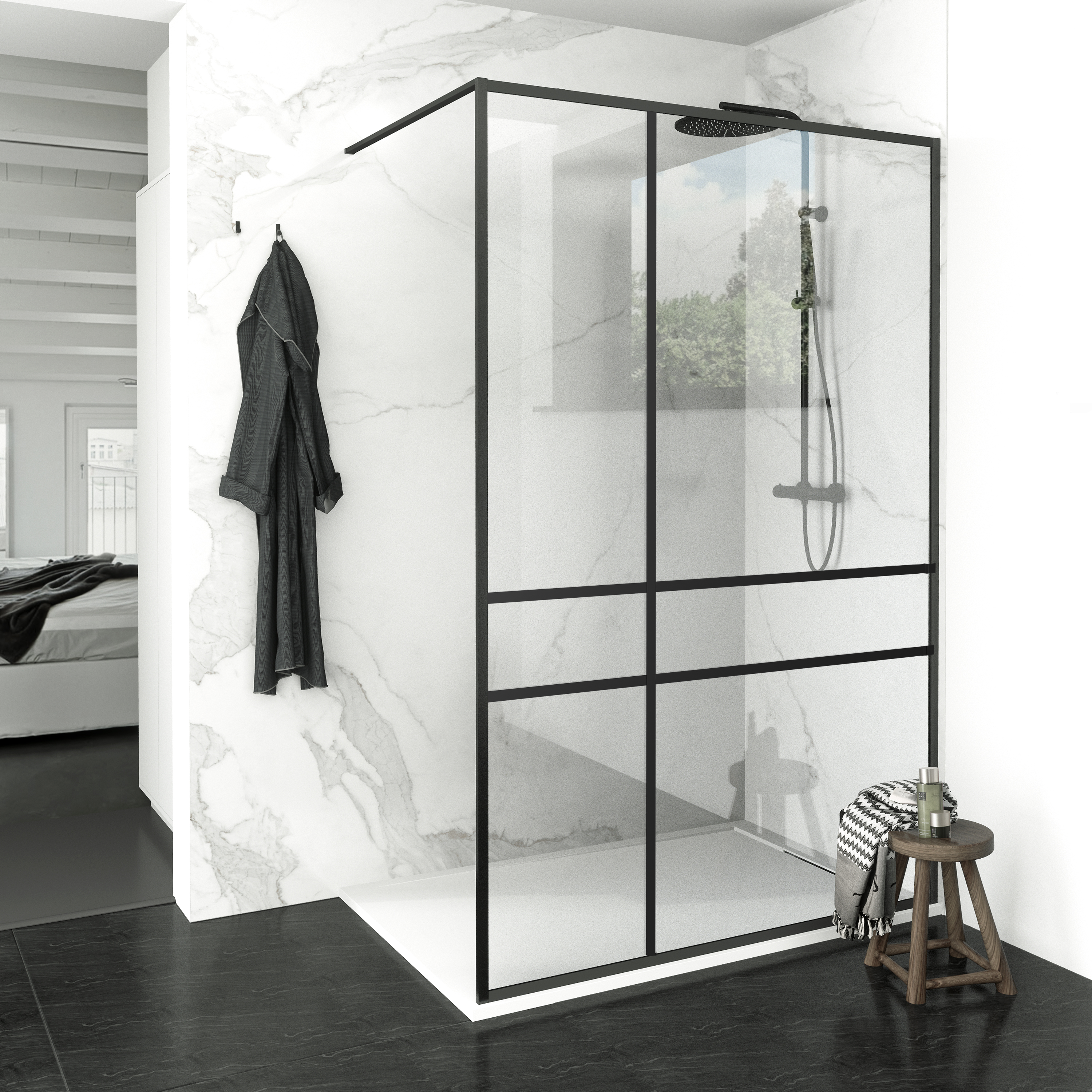 Balmani Framed Plus inloopdouche 160 x 210 cm rechts crossed glas zwart profiel