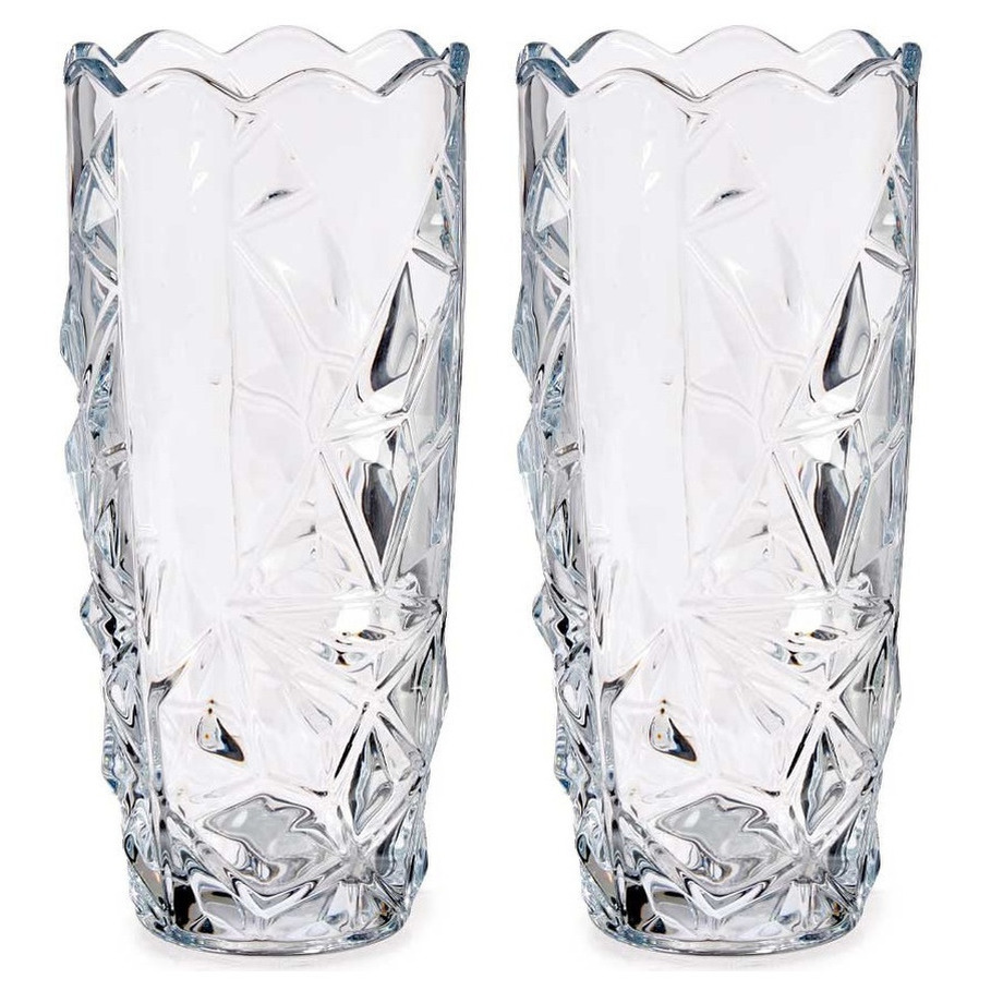 Giftdecor Set van 2x stuks bloemenvazen diamant relief 13,5 x 29 cm van glas -