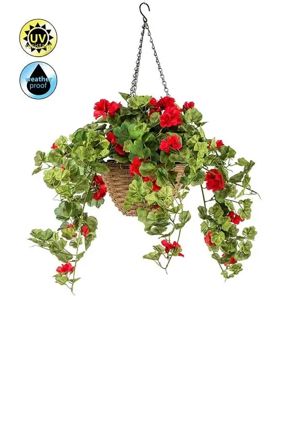 Emerald Kunstplant UV bestendig Rode Geranium hangend in mand -  50cm