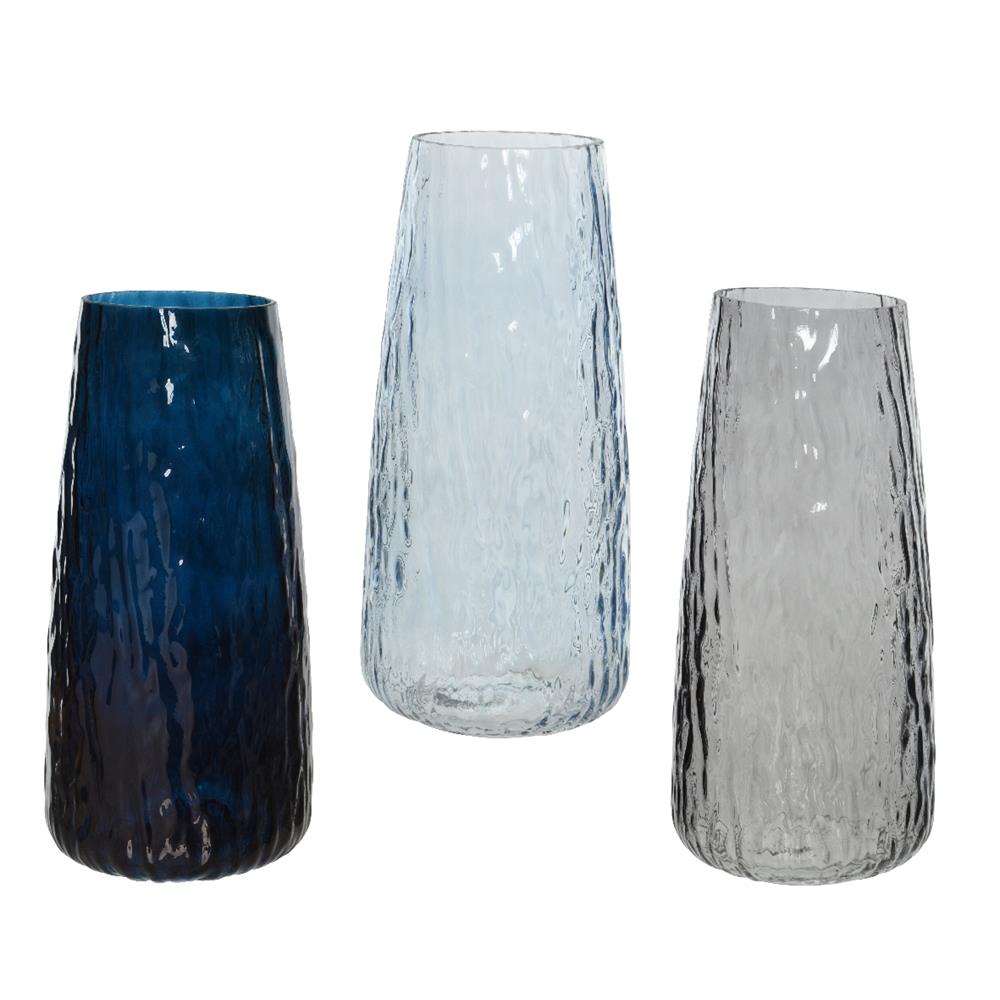 Decoris Vaas Met Golf Textuur Glas Werk In Blauwe Tinten Dia10x21,5cm 3 Assorti