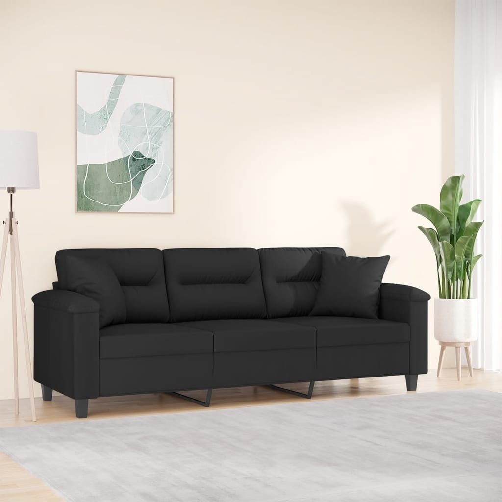 vidaXL Sofa 3-Sitzer-Sofa mit Kissen Schwarz 180 cm Mikrofasergewebe