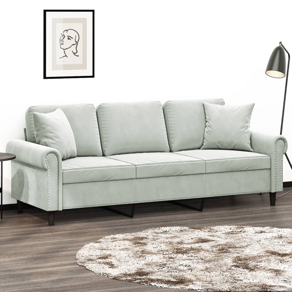 vidaXL Sofa 3-Sitzer-Sofa mit Zierkissen Hellgrau 180 cm Samt