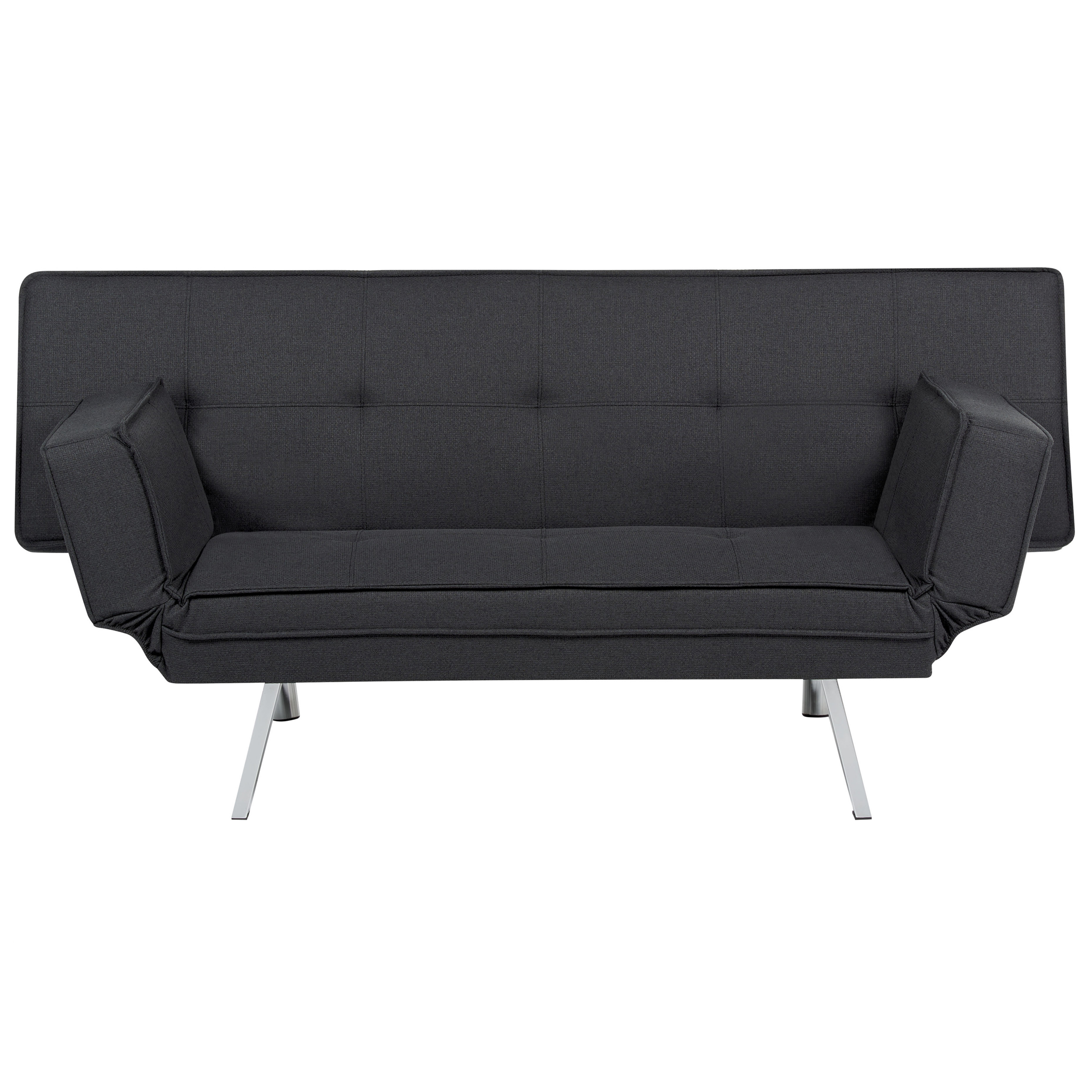beliani 3-Sitzer Sofa Schwarz Stoffbezug Gesteppt mit Schlaffunktion Silberne Schlanke Metallbeine Verstellbare Armlehnen Modern Wohnzimmer Schlafsofa