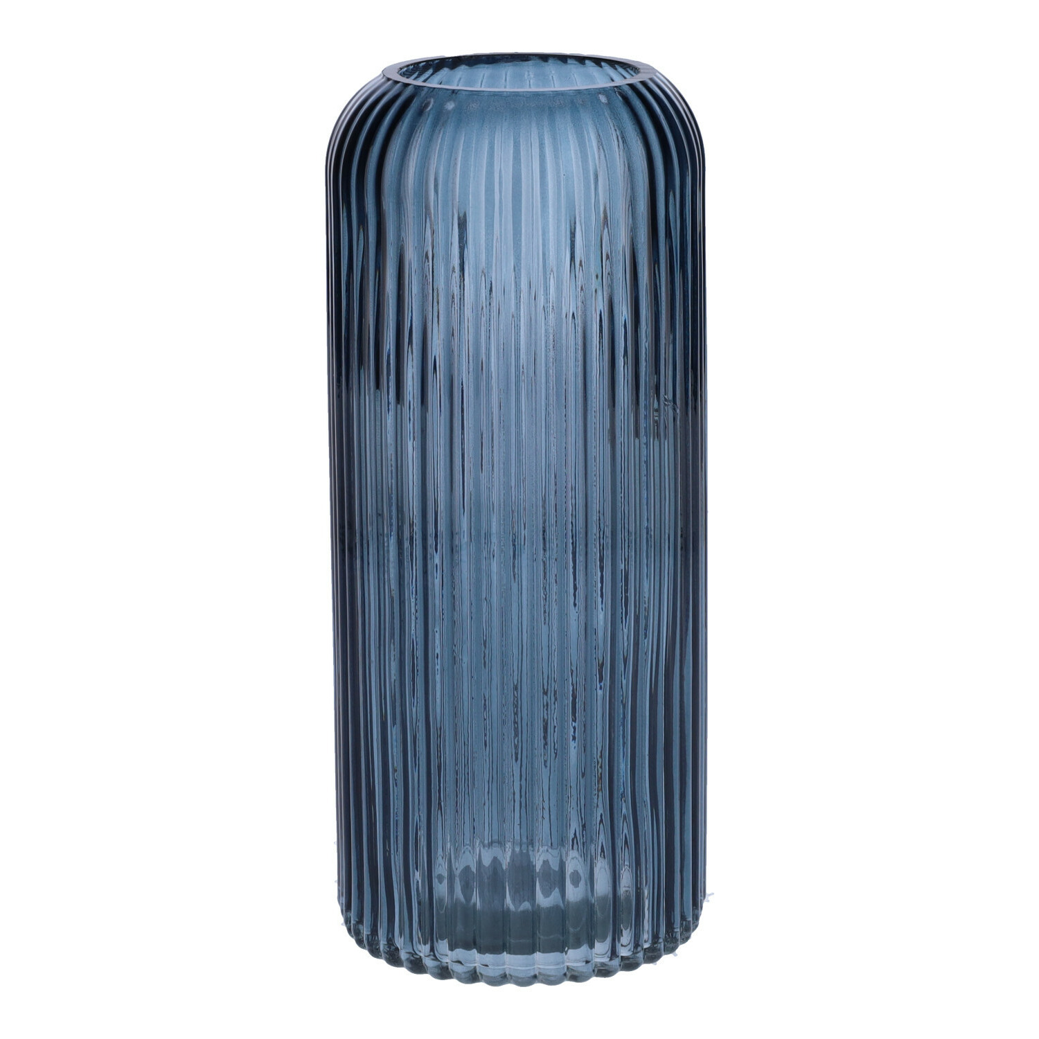 Bellatio Design Bloemenvaas ribbel - denim blauw - transparant glas - D9 x H20 cm -