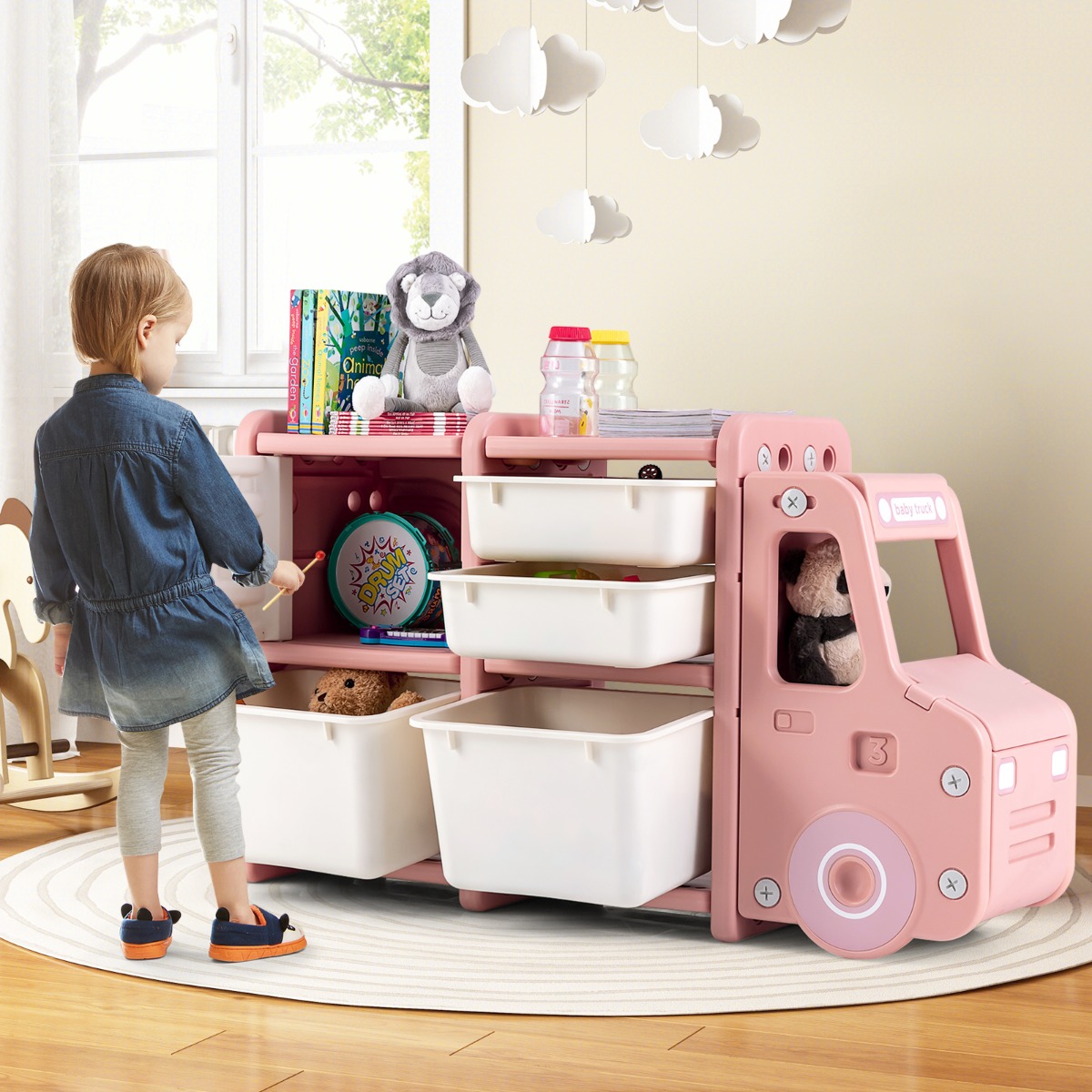 Costway Opbergmeubel voor Kinderspeelgoed met 2 Bakken 2 Lades en 1 Kast Speelruimte Display in de Vorm van een Vrachtwagen Roze
