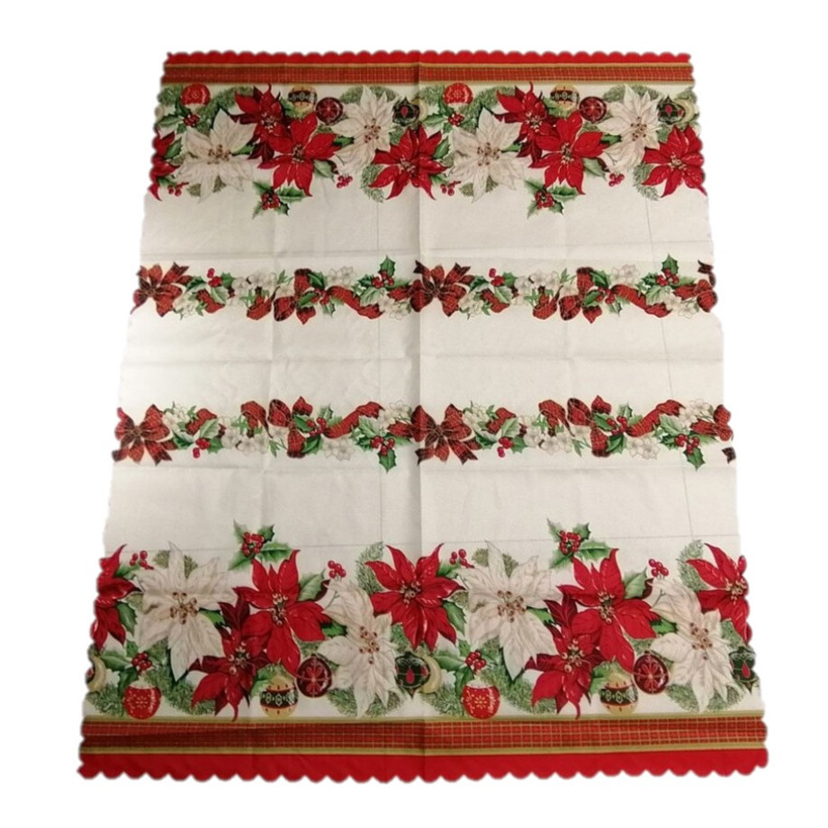 Gerimport Kerst thema print tafelkleed van 150 x 220 cm - Kerstbloemen print in ecru/groen/rood -