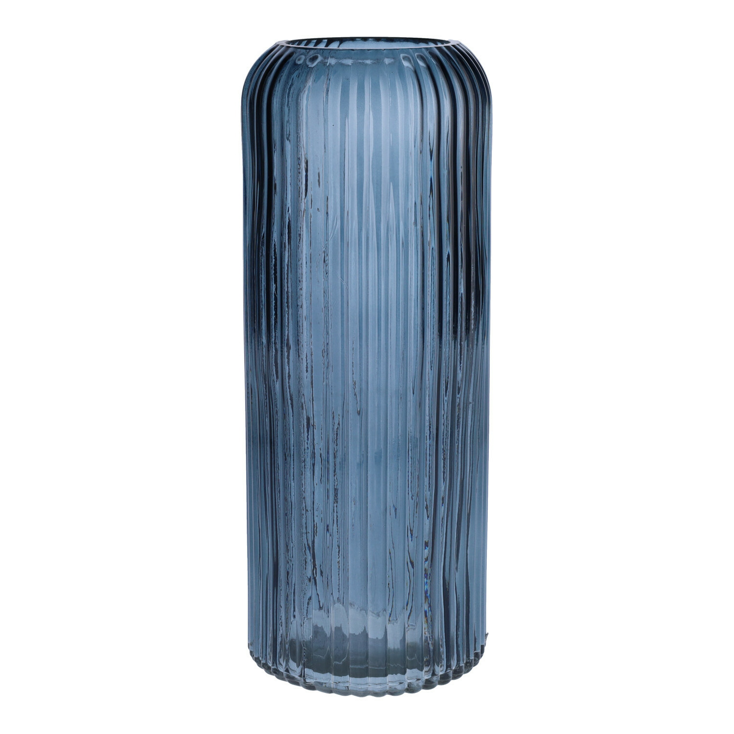 Bellatio Design Bloemenvaas ribbel - denim blauw - transparant glas - D10 x H25 cm -
