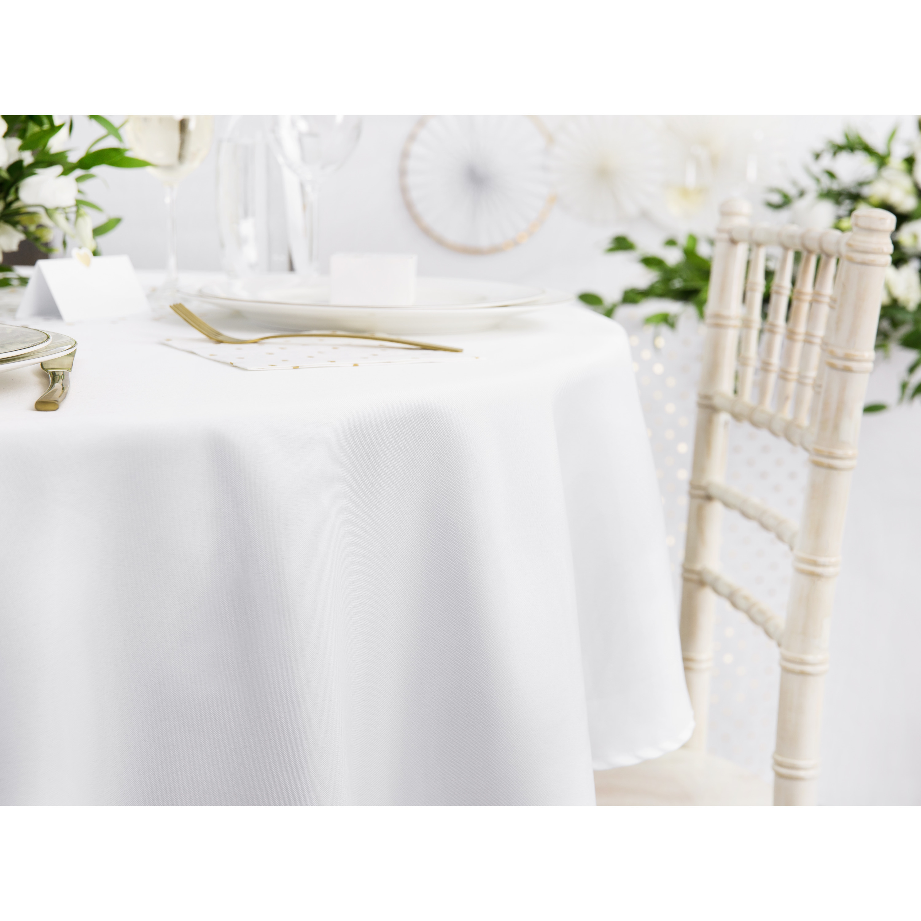 PartyDeco Tafelkleed/tafellaken rond - wit - 230 cm - polyester - Bruiloft tafelkleden -
