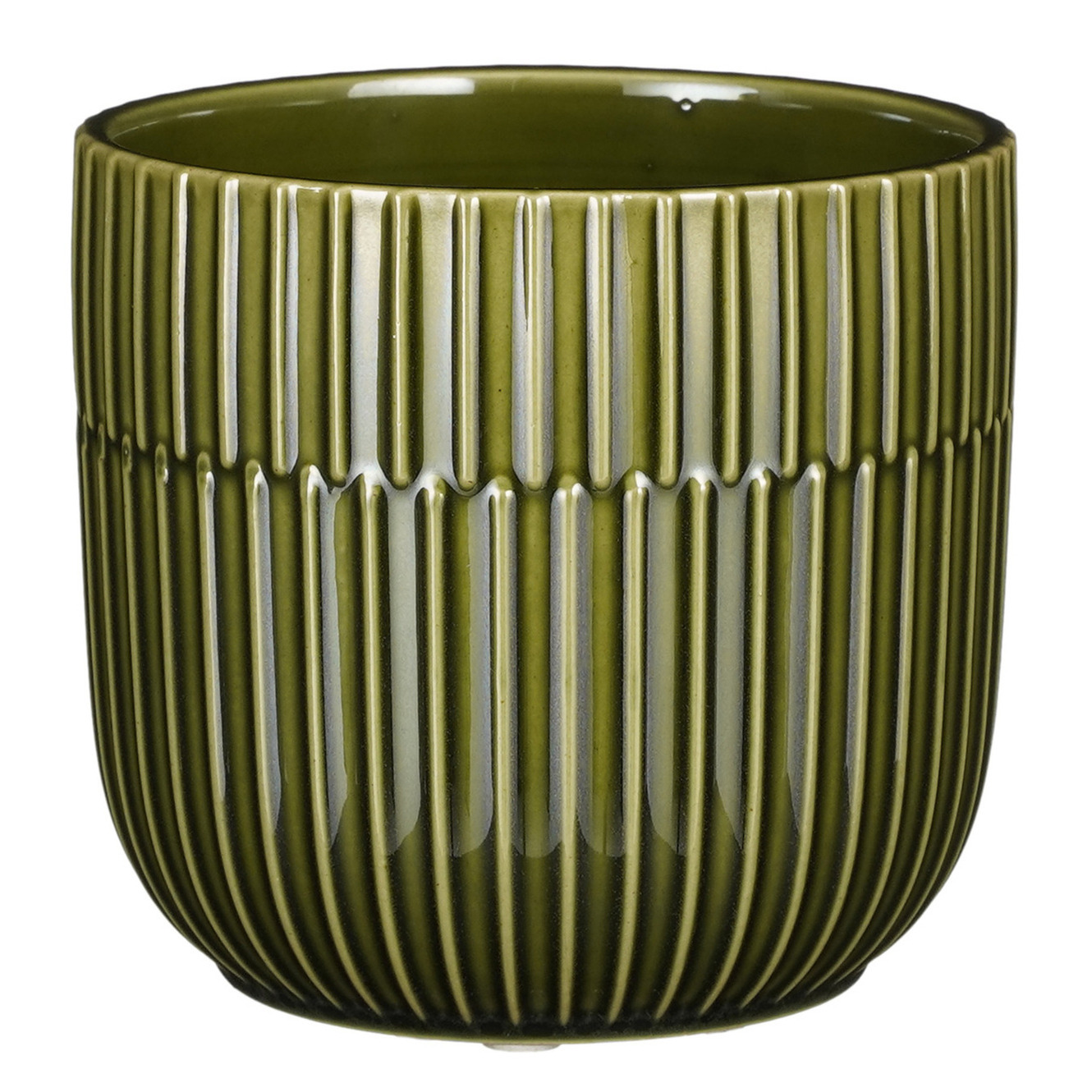 Mica Decorations Plantenpot/bloempot keramiek glans donkergroen stripes patroon - D12.5/H11 cm -