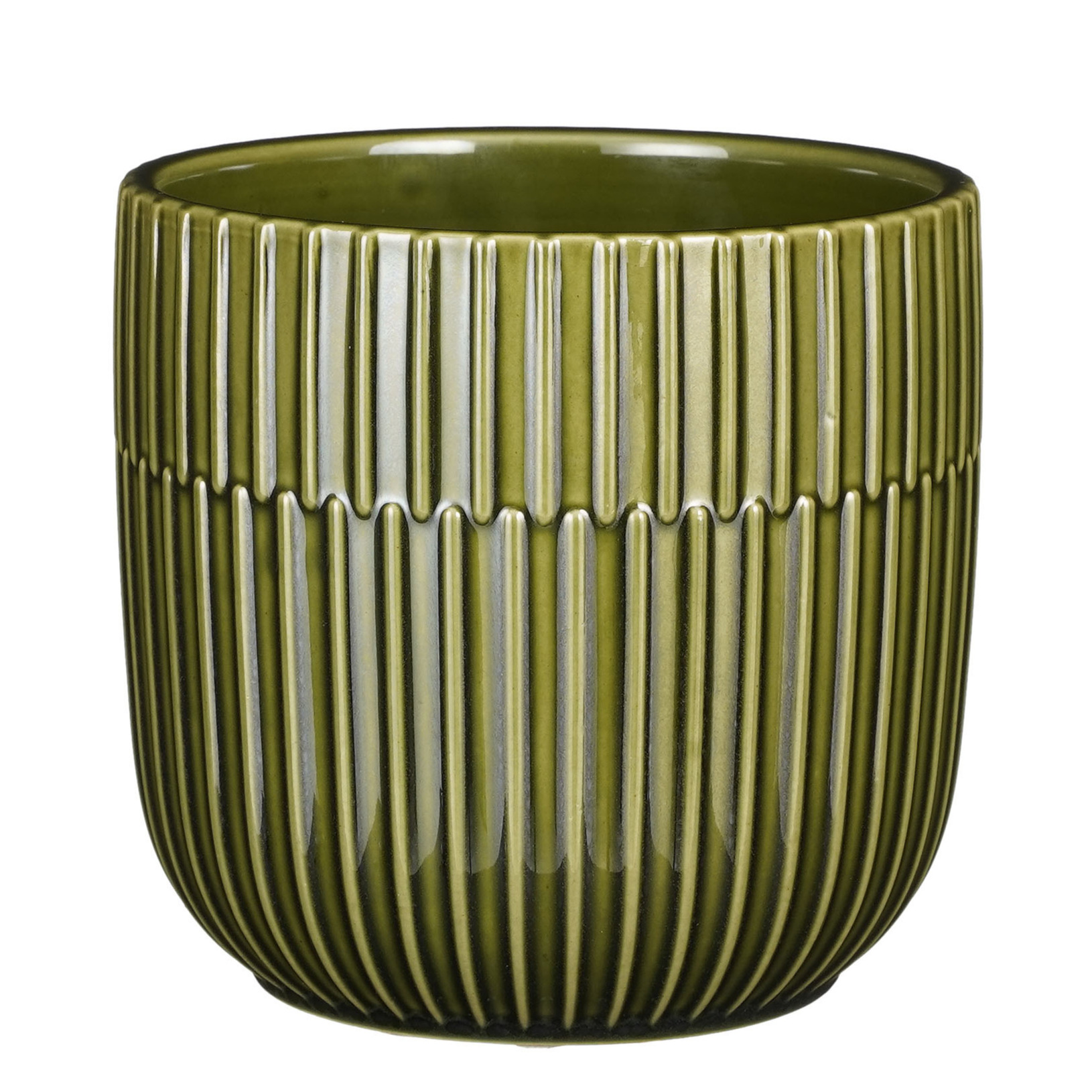 Mica Decorations Plantenpot/bloempot keramiek glans donkergroen stripes patroon - D14/H13 cm -