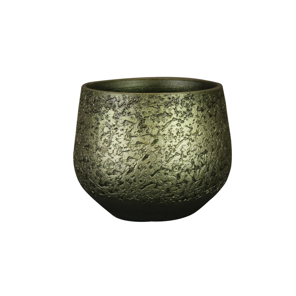Ter Steege Plantenpot/bloempot keramiek metallic donkergroen/gold finish - D16/H13 cm -
