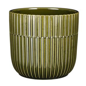 Mica Decorations Plantenpot/bloempot keramiek glans donkergroen stripes patroon - D17.5/H16 cm -