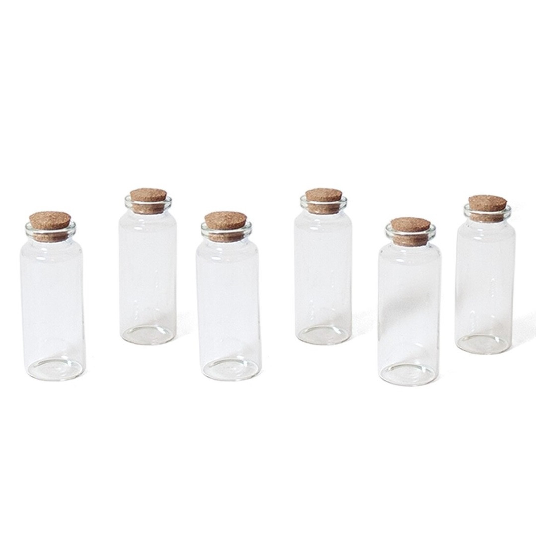 Gerimport 6x Kleine transparante glazen flesjes met kurken dop 18 ml -