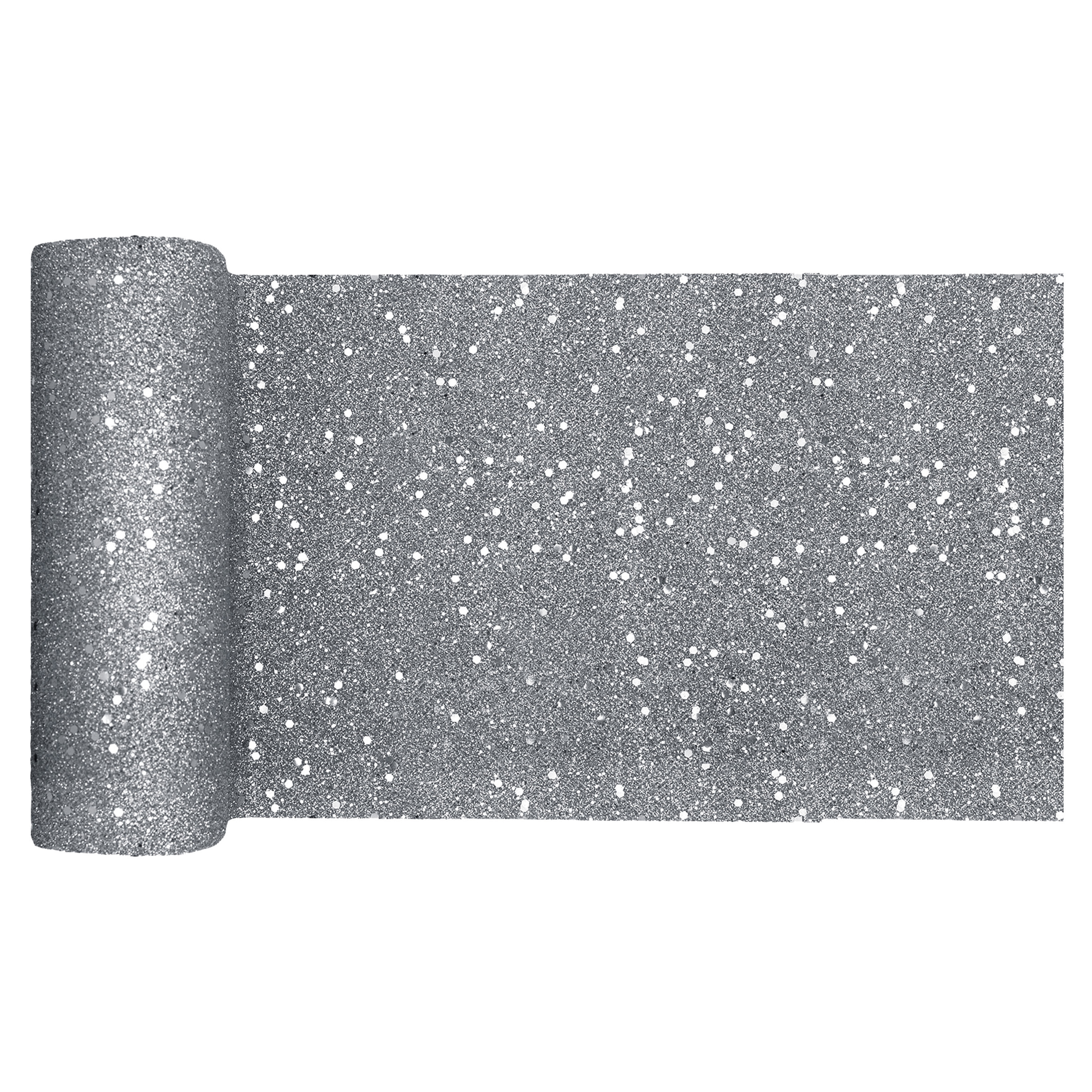 Santex Tafelloper op rol - zilver glitter - 18 x 500 cm - polyester -