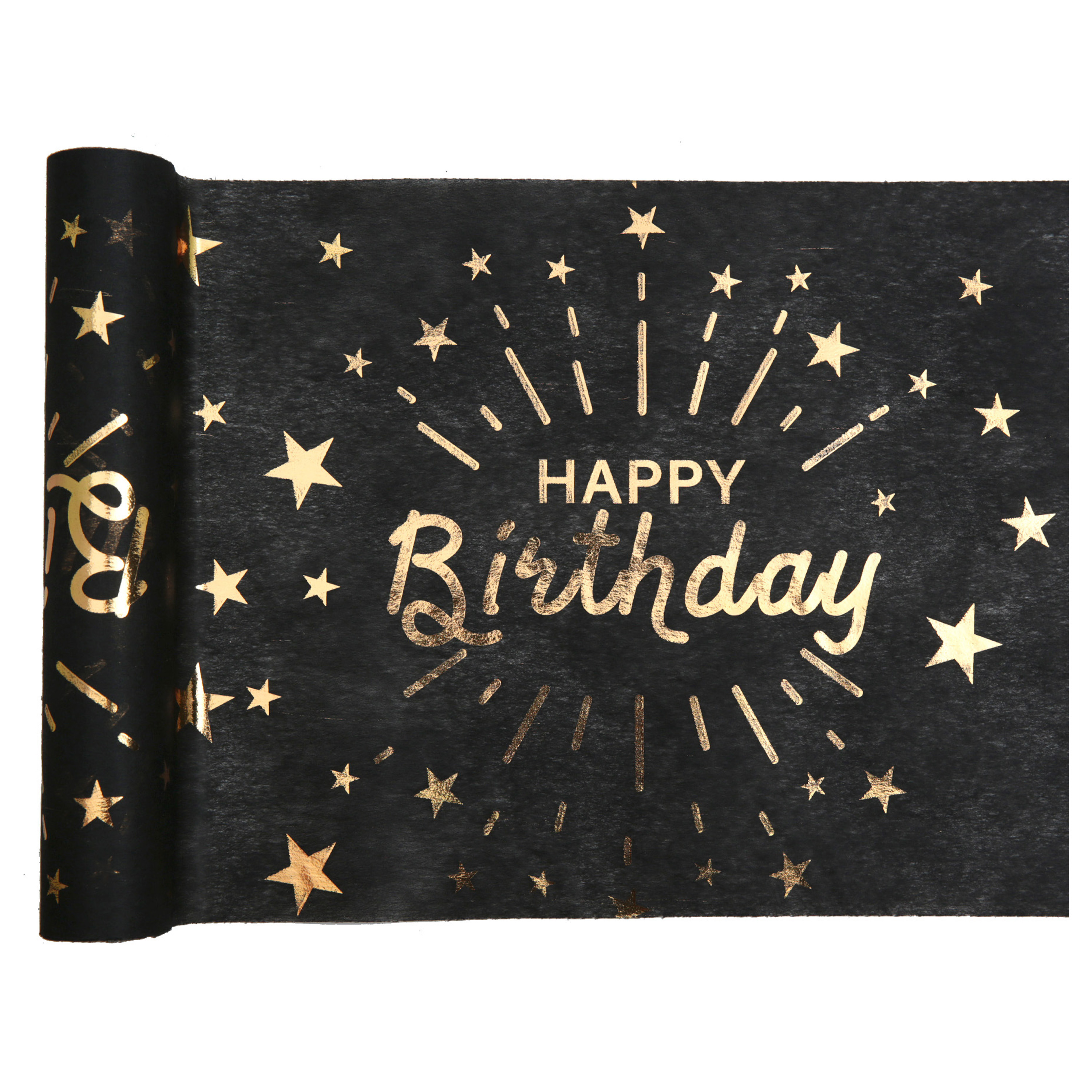 Santex Tischläufer "Happy Birthday" in schwarz-gold aus Polyester, 5m x 30cm