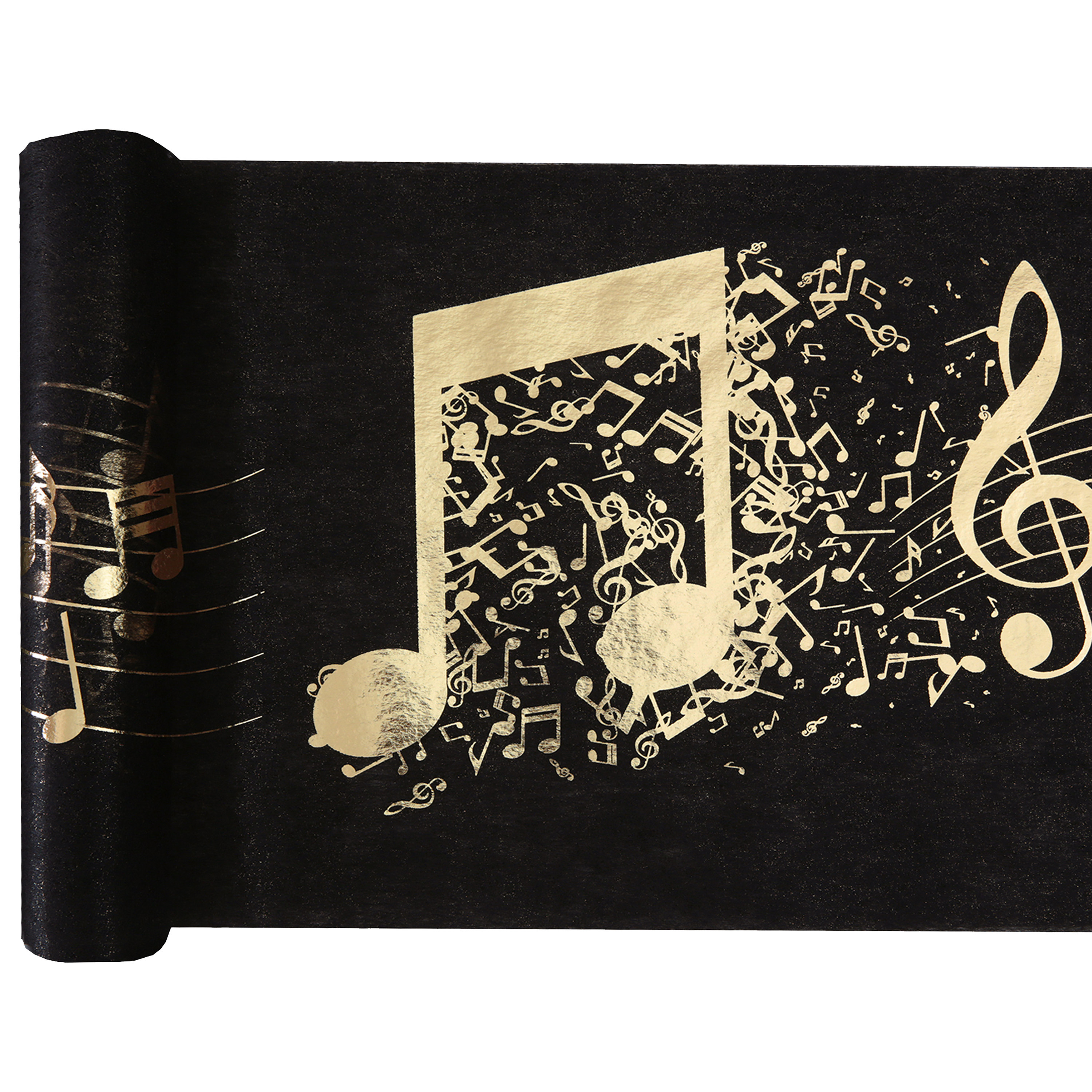 Santex muziek thema tafelloper op rol - 5 x 30 cm - zwart/goud - non woven polyester -
