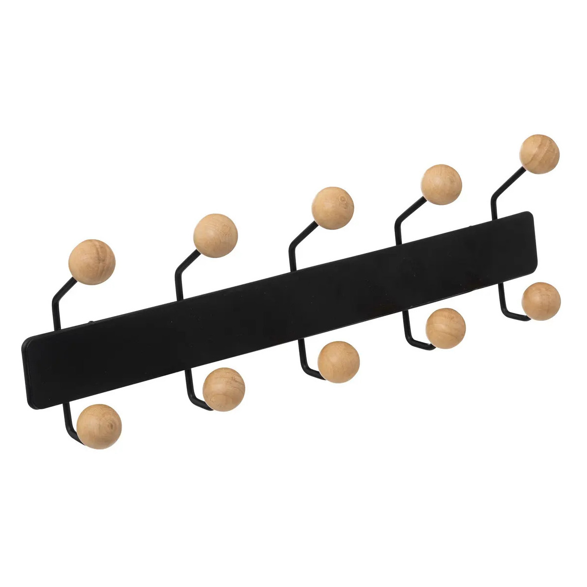 5five Kapstok rek voor wand/muur - zwart/beige - met 10x houten ophang knoppen - metaal - B44 x H14 cm -