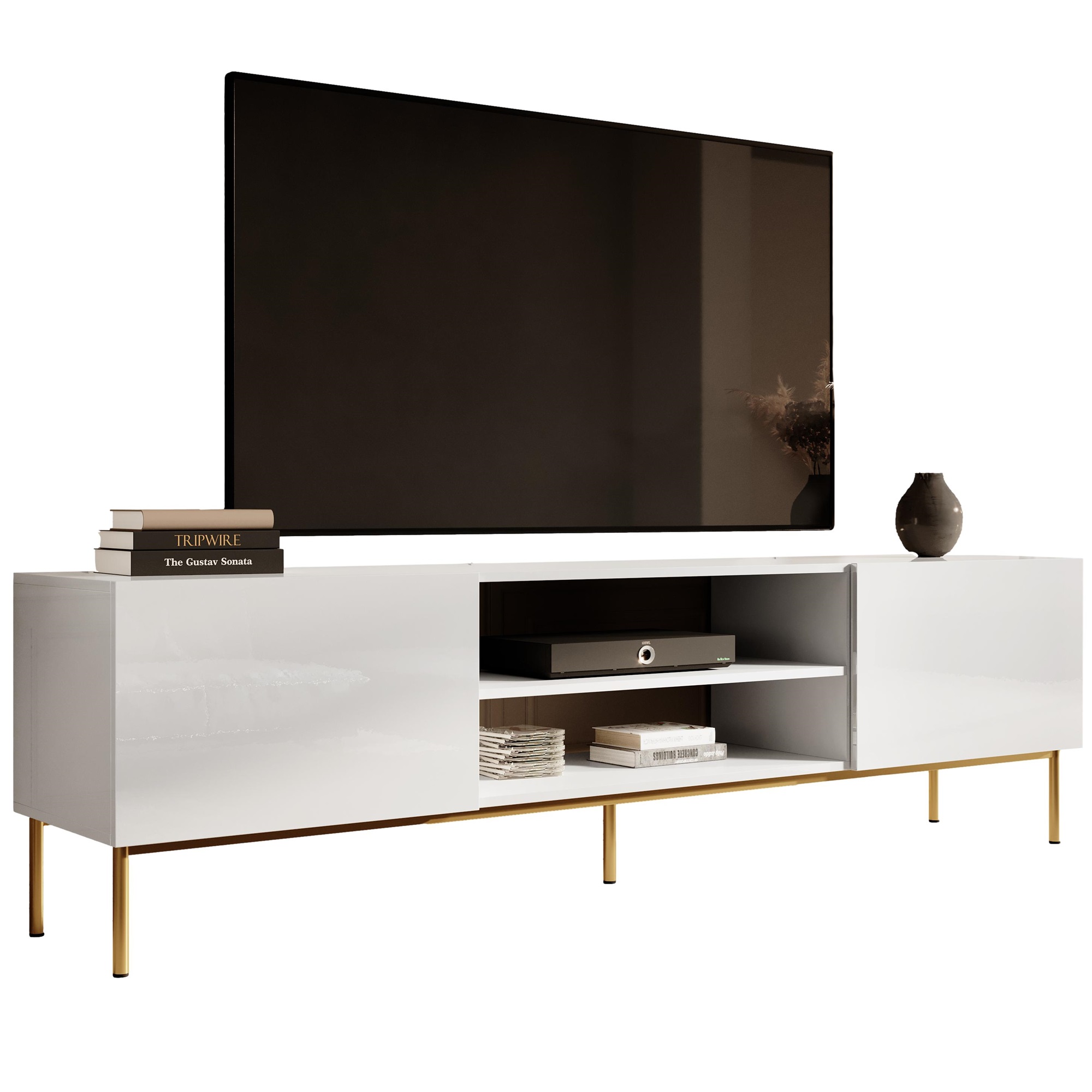 Home Style Tv-meubel Slide 200 cm breed hoogglans wit met goude poten
