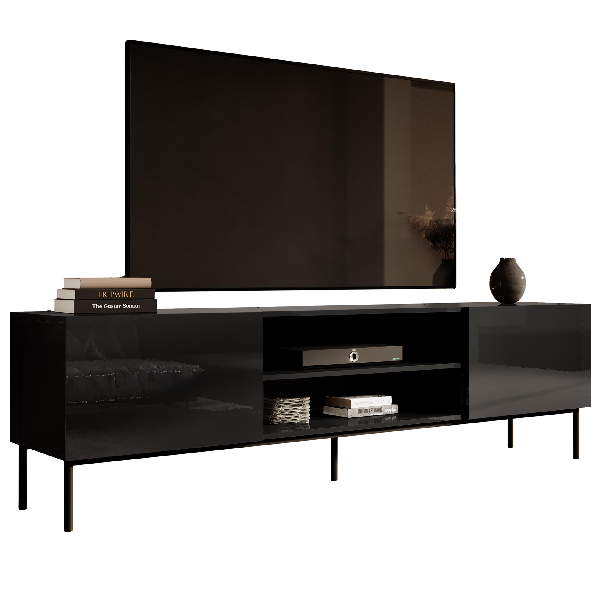 Home Style Tv-meubel Slide 200 cm breed hoogglans zwart met zwarte poten
