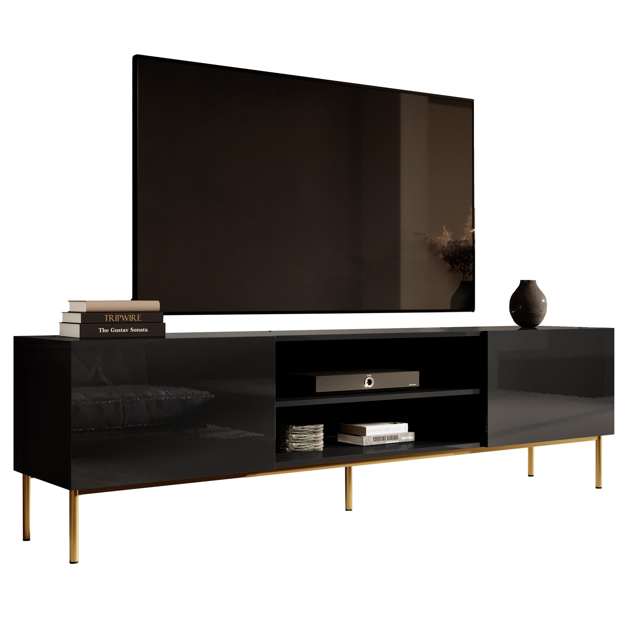 Home Style Tv-meubel Slide 200 cm breed hoogglans zwart met goude poten