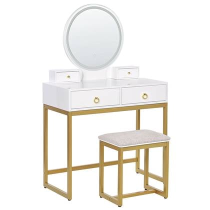 beliani Schminktisch Weiß und Gold MDF-Platte mit Metallbeinen Rundem LED-Spiegel 4 Schubladen Hocker Glamour für Erwachsene Schlafzimmer Jugendzimmer - Weiß