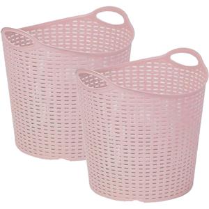 PlasticForte Gevlochten wasmand/opbergmand - 2x - flexibel - roze - 27 liter - rond - kunststof -
