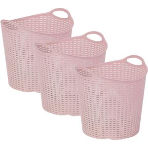 PlasticForte Gevlochten wasmand/opbergmand - 3x - flexibel - roze - 27 liter - rond - kunststof -