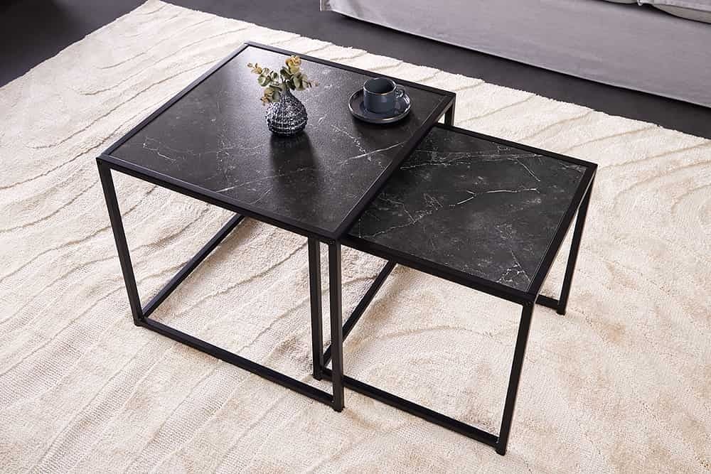 Invicta Interior Set van 2 bijzettafels SLIM LINE 50cm antraciet zwart marmeren design salontafel met metalen frame - 44179
