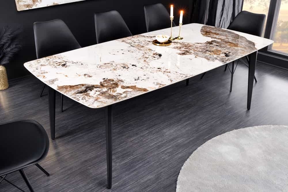 Invicta Interior Moderne eettafel MILANO 160cm wit gemarmerd natuursteen keramiek zwart metalen poten - 44232