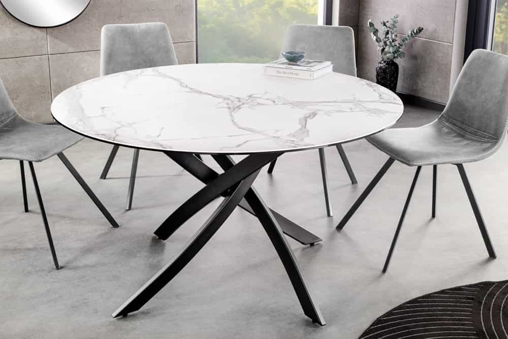 Invicta Interior Ronde eettafel ALPINE 120cm wit keramiek marmer design zwart metalen poten sterframe - 44230