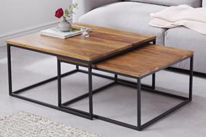 Invicta Interior Design salontafel set van 2 ELEMENTS 75cm Sheesham steenafwerking massief hout zwart metalen frame - 40711