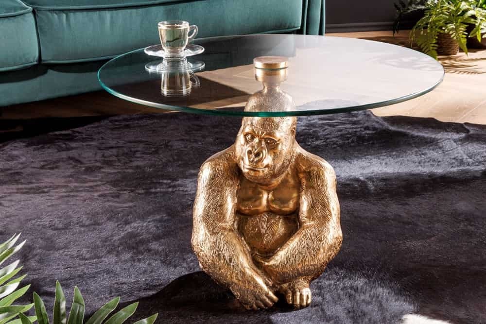 Invicta Interior Ronde salontafel WILDLIFE KONG 60cm goud metaal glas aap figuur gorilla sculptuur handgemaakt - 43518