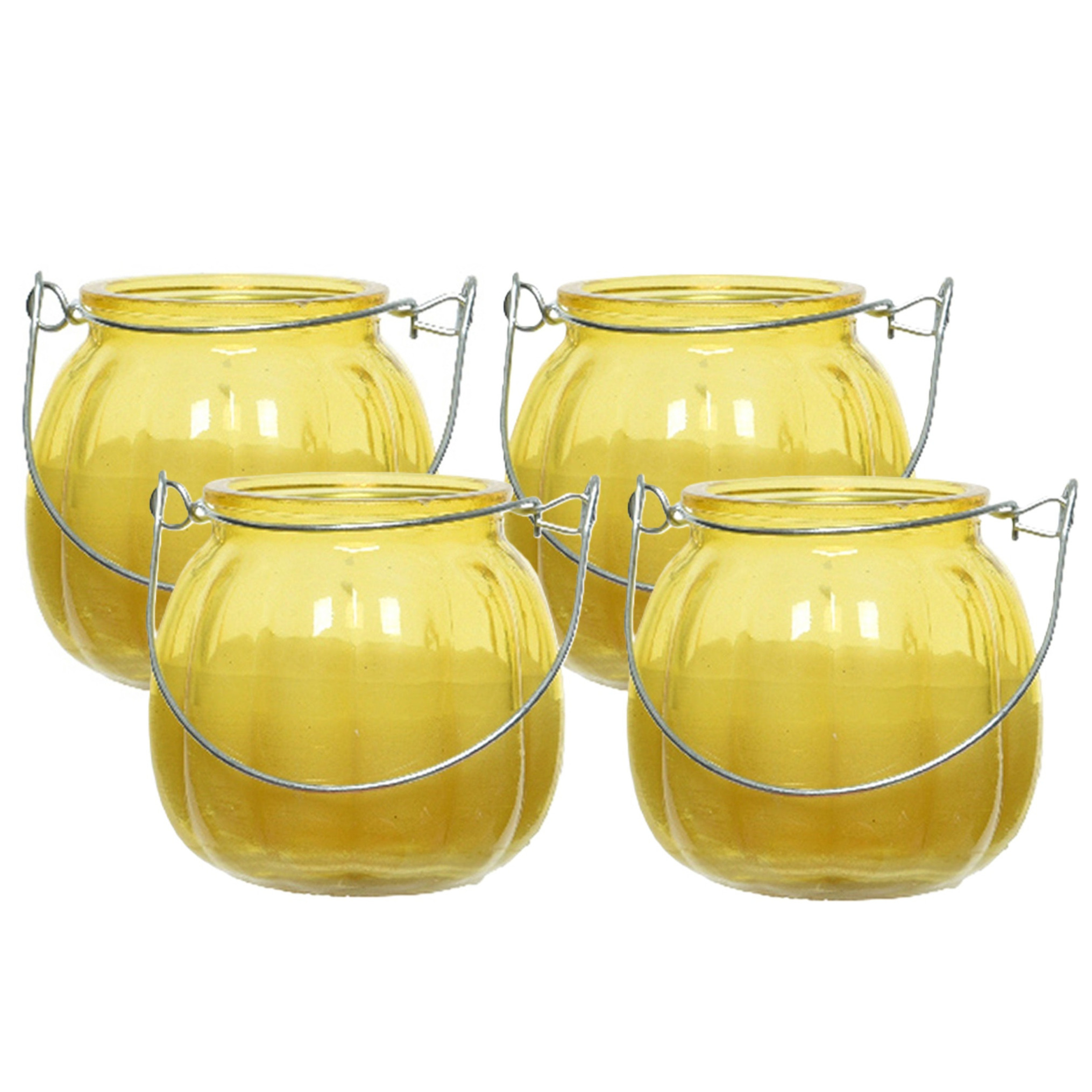 Decoris Citronella kaars voor buiten - 4x - glas - geel - 15 branduren - D8 x H8 cm - citrus geur -