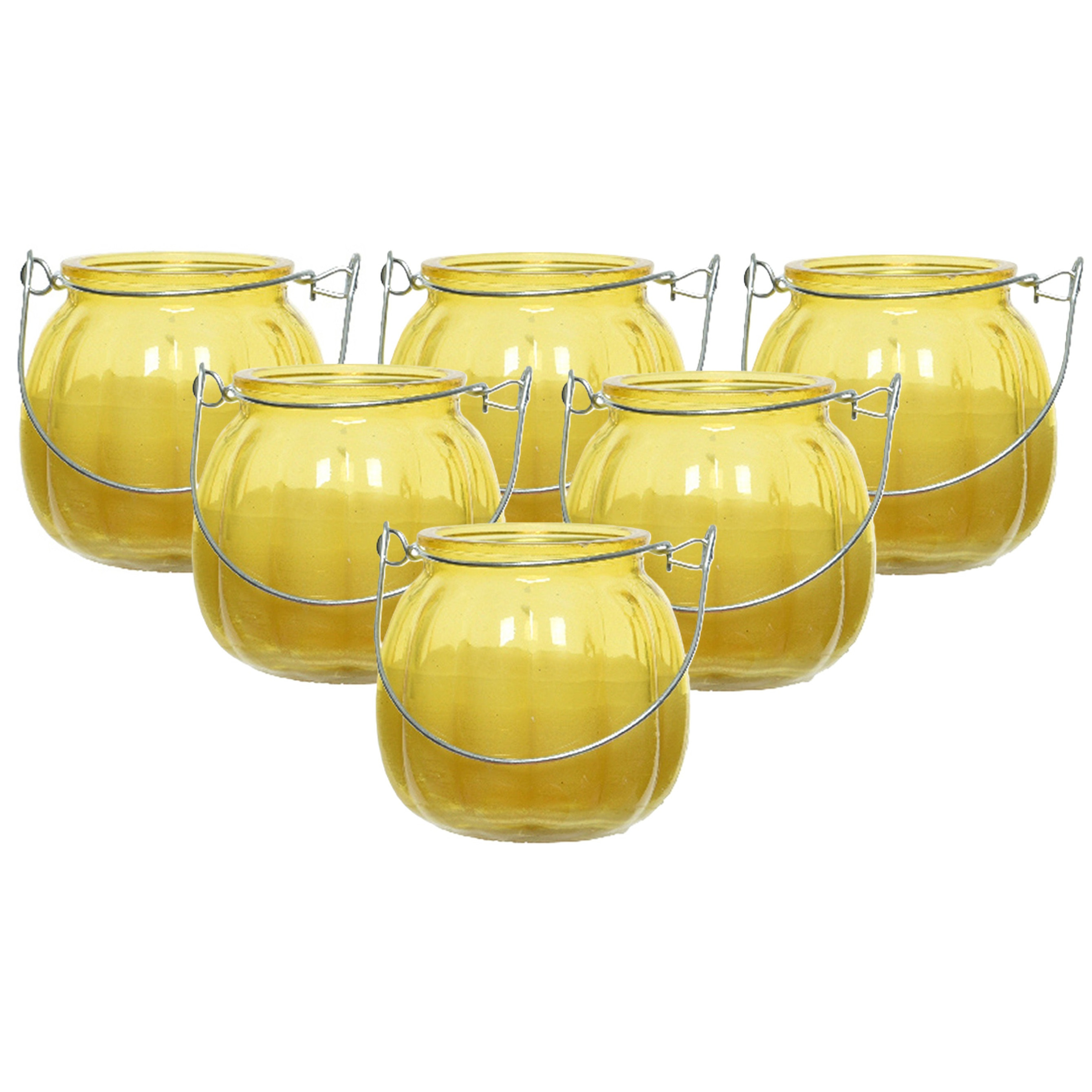 Decoris Citronella kaars voor buiten - 6x - glas - geel - 15 branduren - D8 x H8 cm - citrus geur -