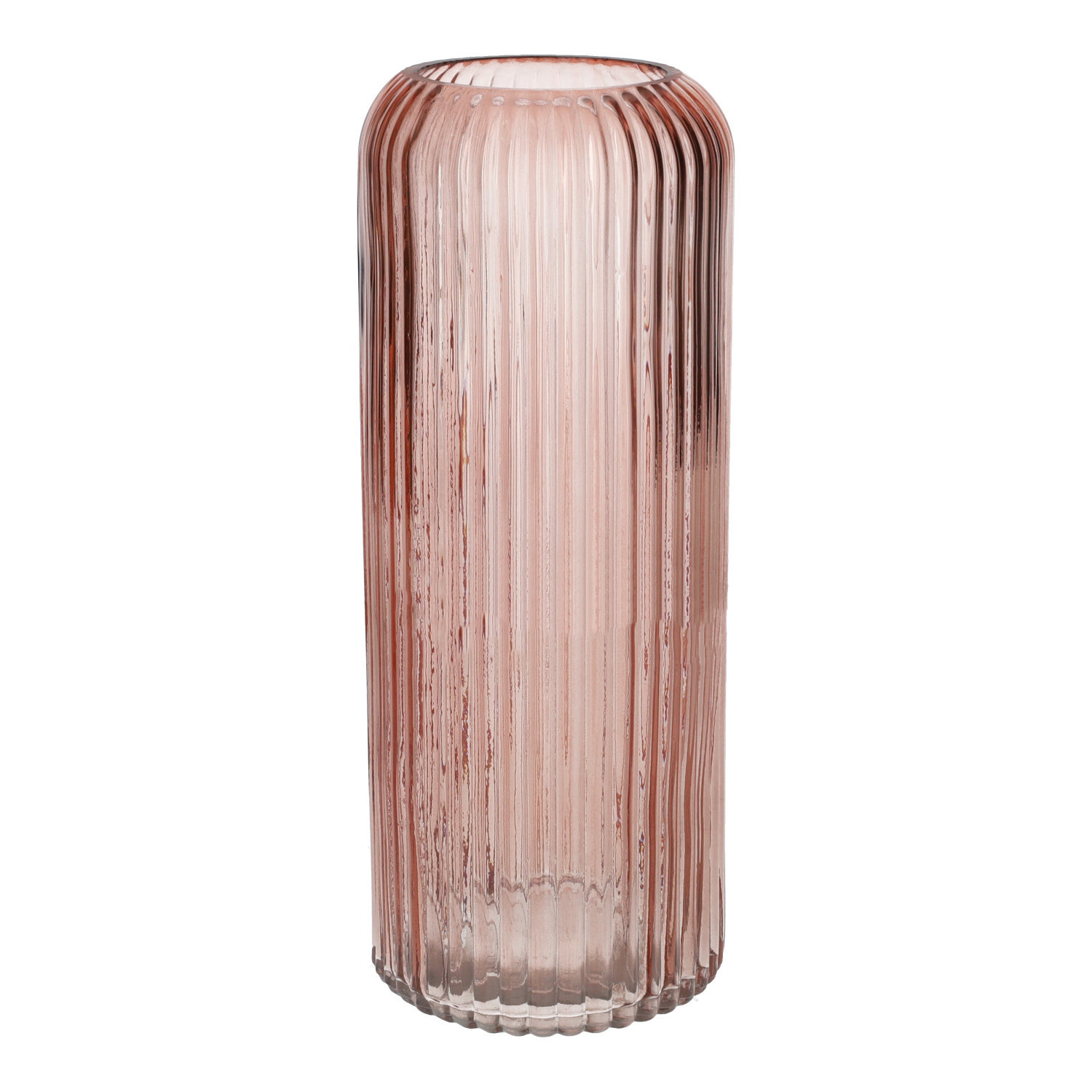Bellatio Design Bloemenvaas ribbel - oudroze - transparant glas - D9 x H20 cm -