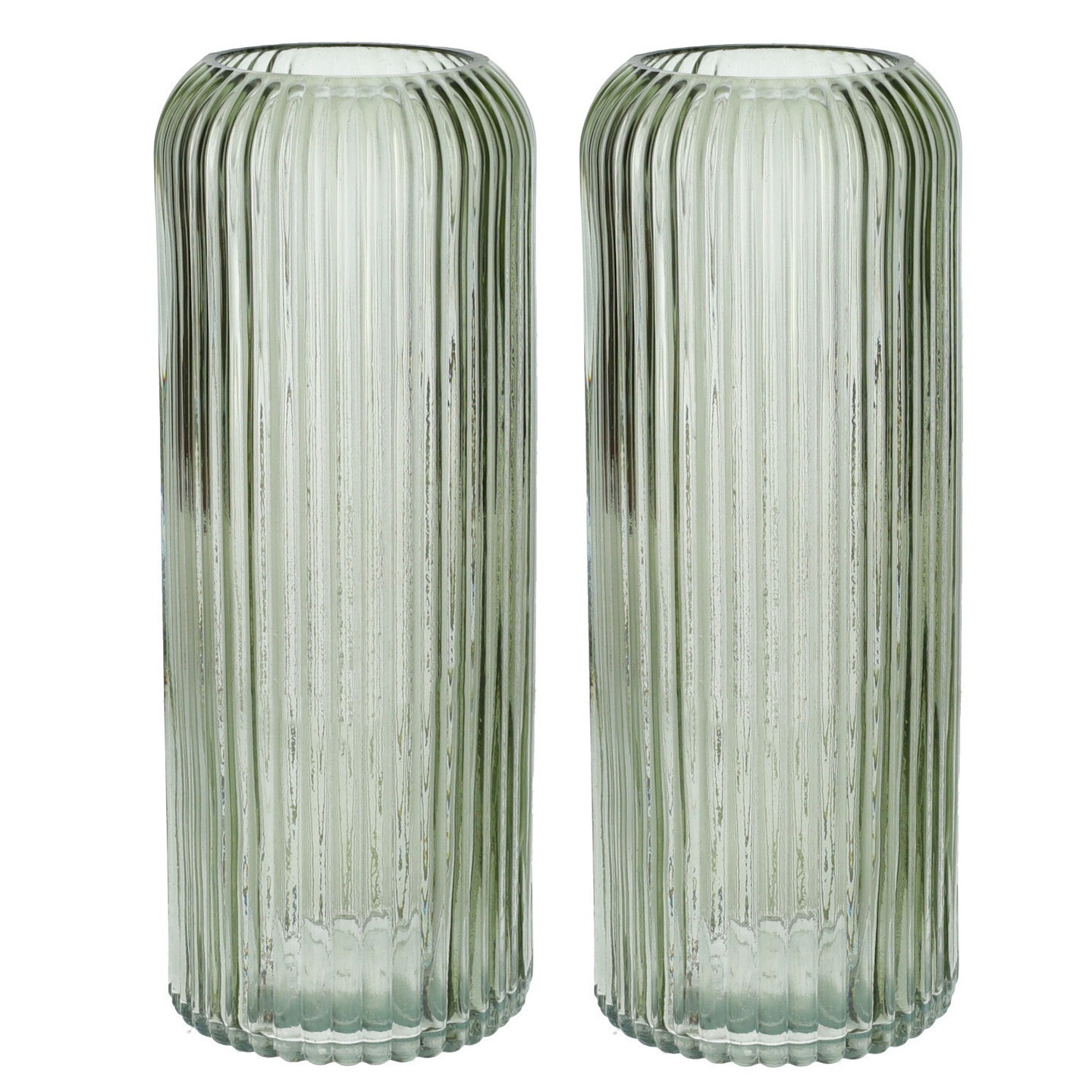 Bellatio Design Bloemenvaas ribbel - 2x - lichtgroen - transparant glas - D9 x H20 cm -