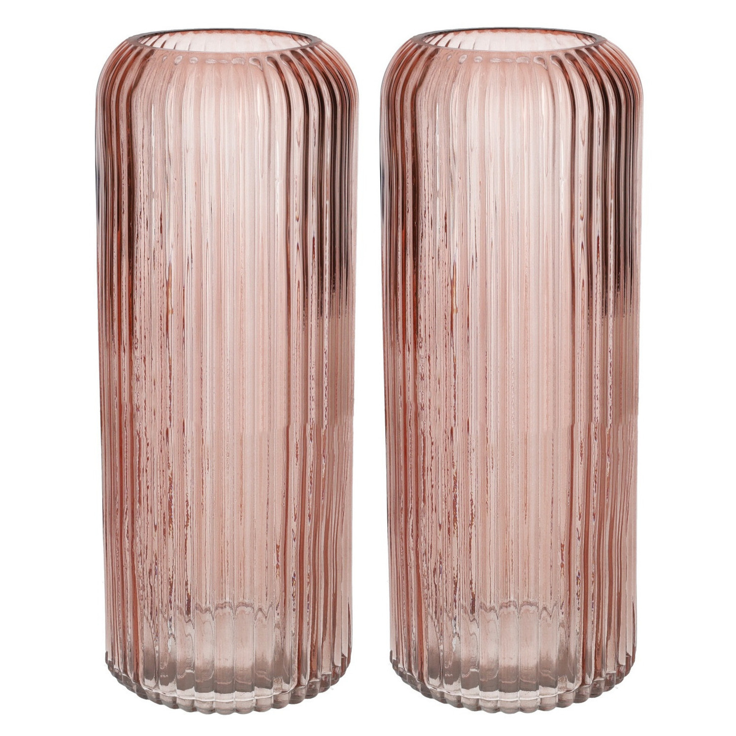 Bellatio Design Bloemenvaas ribbel - 2x - oudroze - transparant glas - D9 x H20 cm -