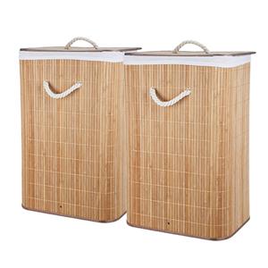 Storage Solutions Wasmand - 2x - bamboe hout - met deksel - rechthoekig - naturel - x 30 x 60 cm - 70 liter -