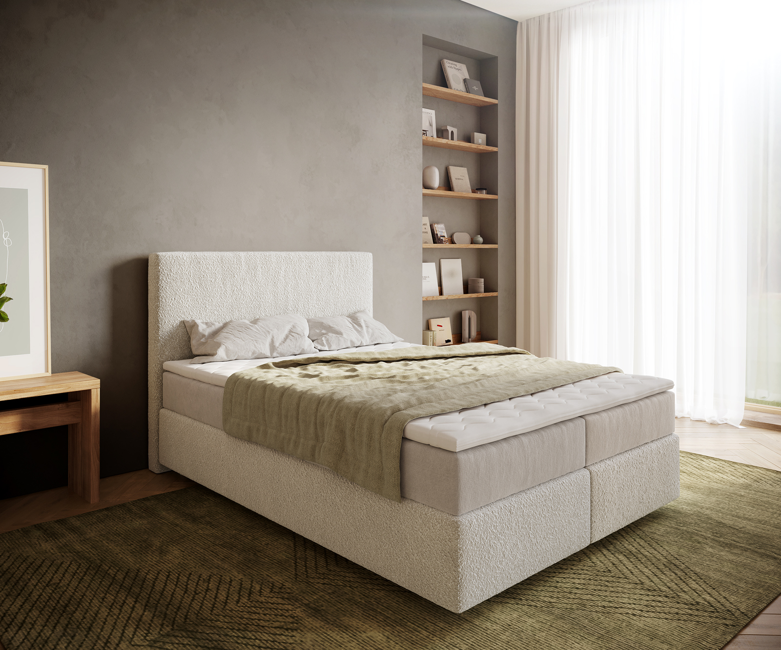 DELIFE Boxspringbett Dream-Well 140x200 cm Bouclé Creme-Weiß mit Taschenfederkernmatratze und Topper Visco