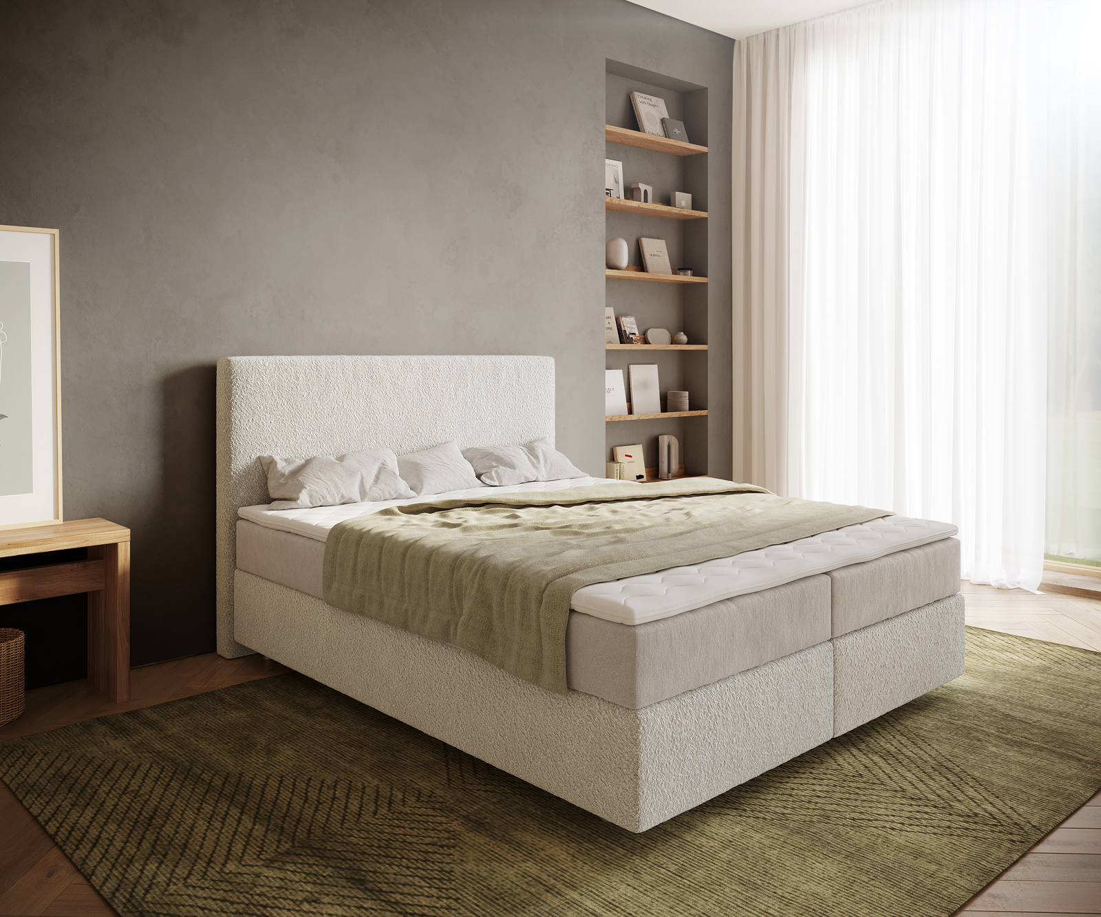 DELIFE Boxspringbett Dream-Well 160x200 cm Bouclé Creme-Weiß mit Taschenfederkernmatratze und Topper Visco